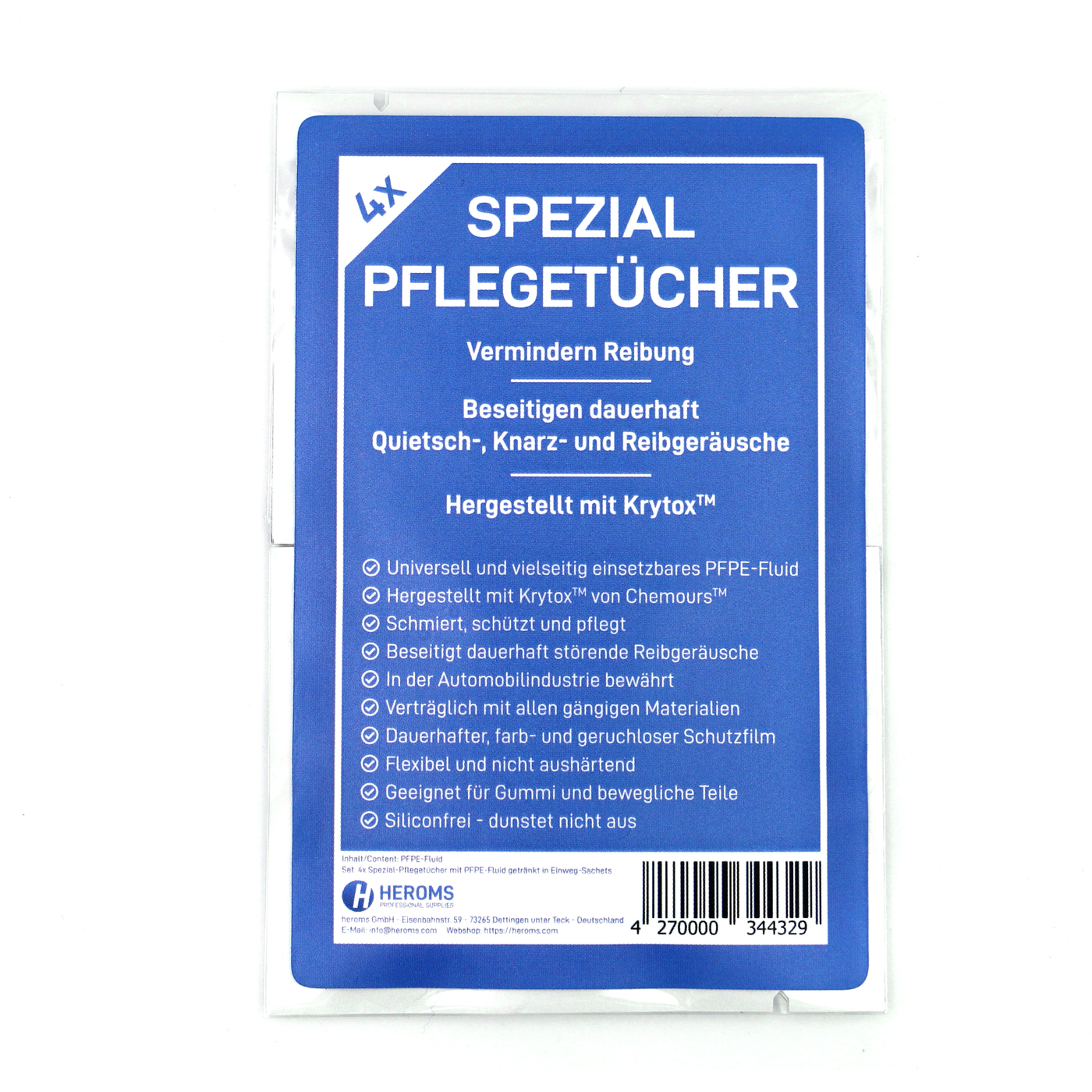 Spezial-Pflegetücher mit PFPE-Fluid (Krytox™) getränkt in Sachets